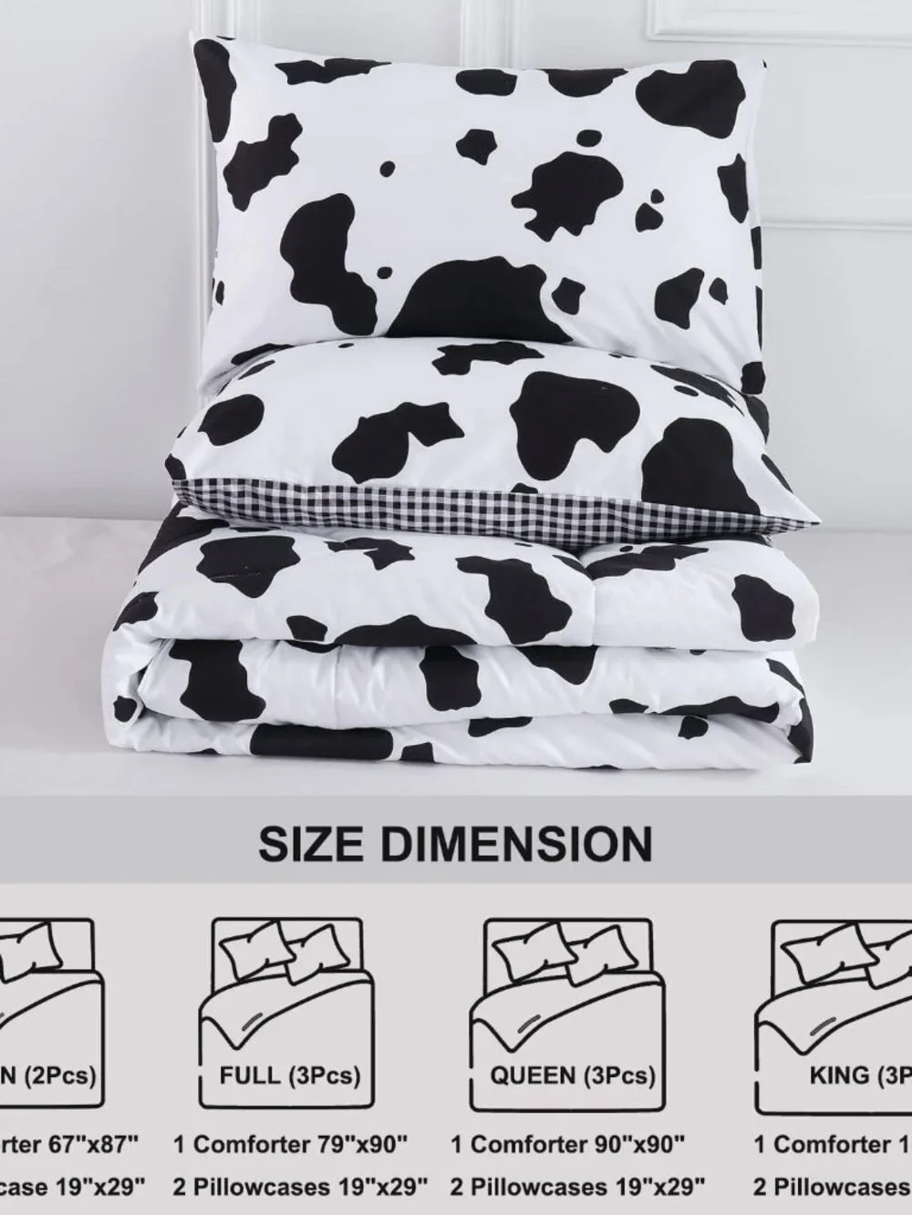 3Pcs Cow Print Comforter Set King Size Black and White Cute Geometric Cow Beddin